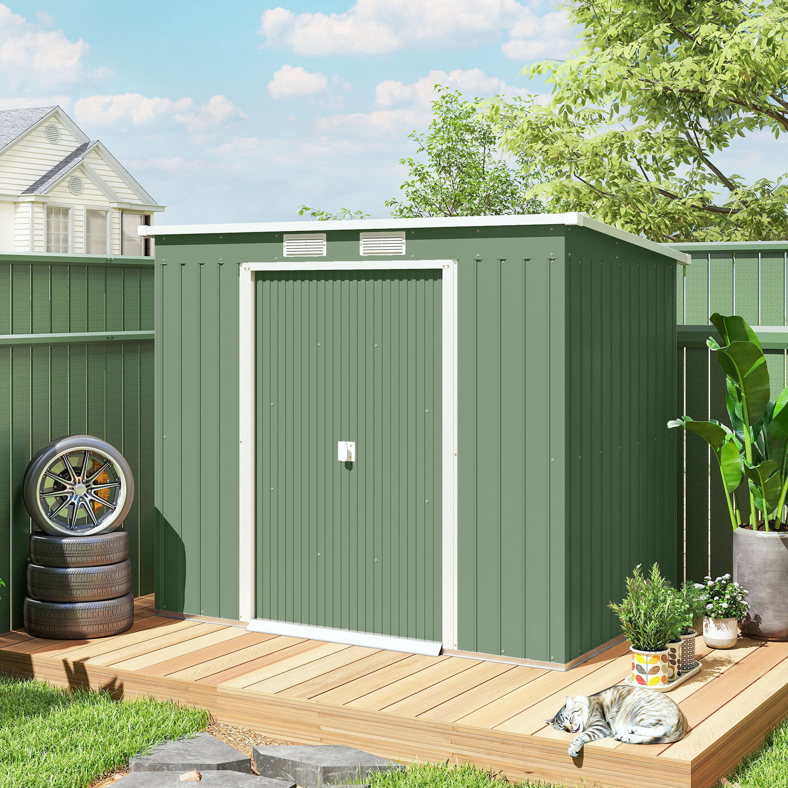 Abrigo de jardim 213x130x173cm abrigo de exterior de aço galvanizado com porta corredeira e ventilações verde