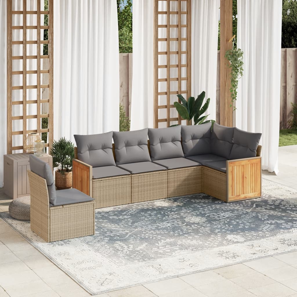 6 Pcs conjunto de sofás p/ jardim com almofadões vime PE bege