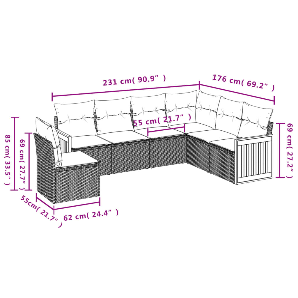 6 Pcs conjunto de sofás p/ jardim com almofadões vime PE bege