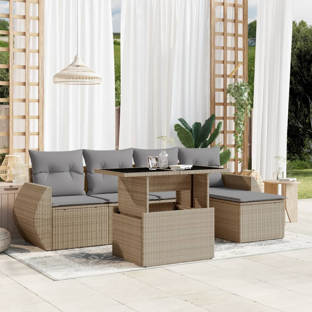 6 Pcs conjunto de sofás p/ jardim com almofadões vime PE bege