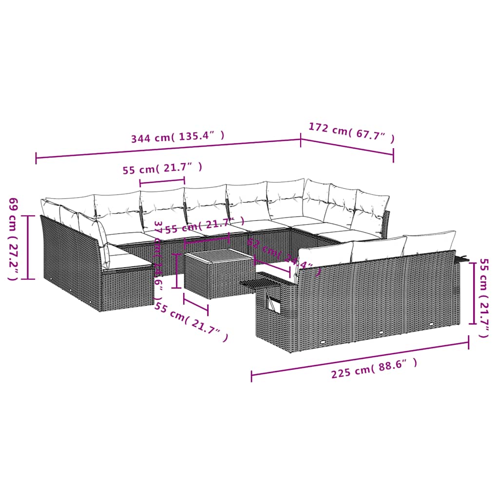14 Pcs conjunto de sofás p/ jardim c/ almofadões vime PE preto