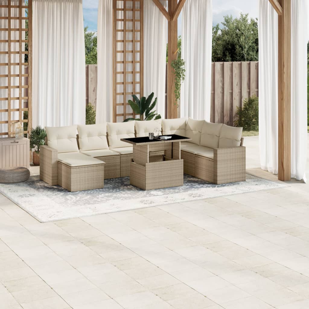 9 Pcs conjunto de sofás p/ jardim com almofadões vime PE bege
