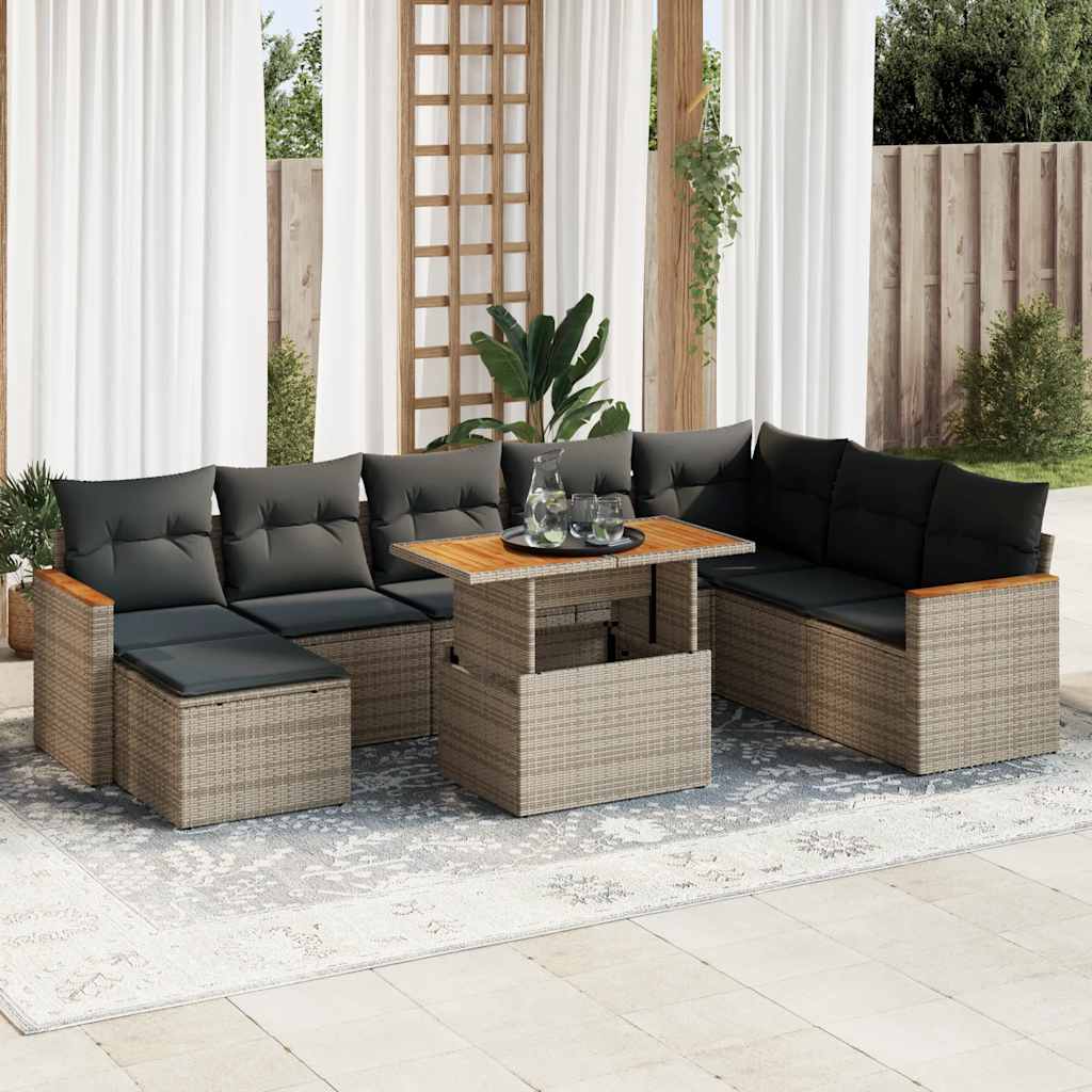 9 Pcs conjunto sofás jardim almofadões vime PE/acácia cinzento