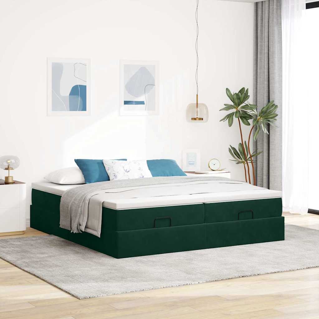 Estrutura de cama otomana com colchão verde escuro veludo