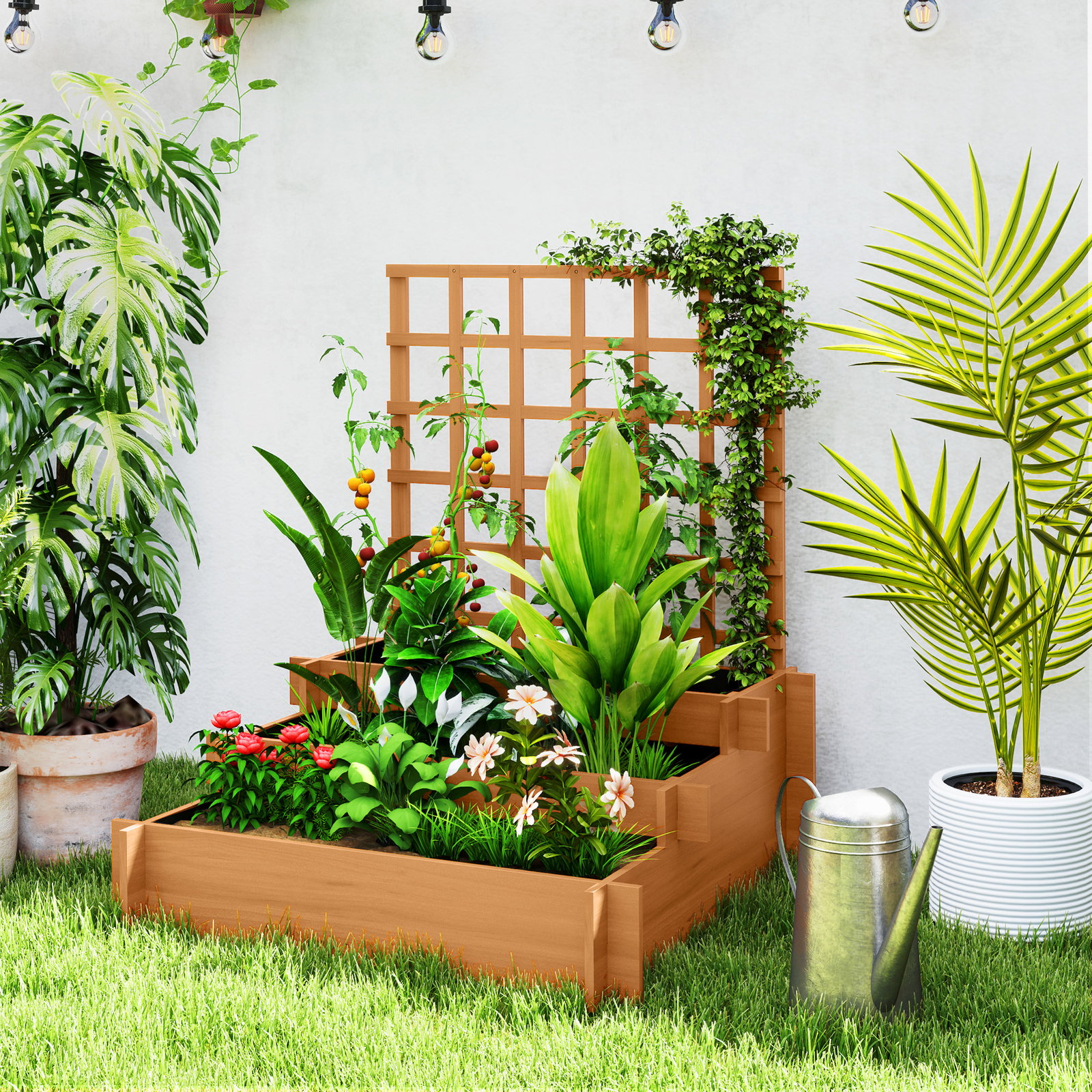 Floreira de 3 níveis com treliça hortal vertical com tecido não tecido para cultivos de verduras flores 95x95x110 cm castanho