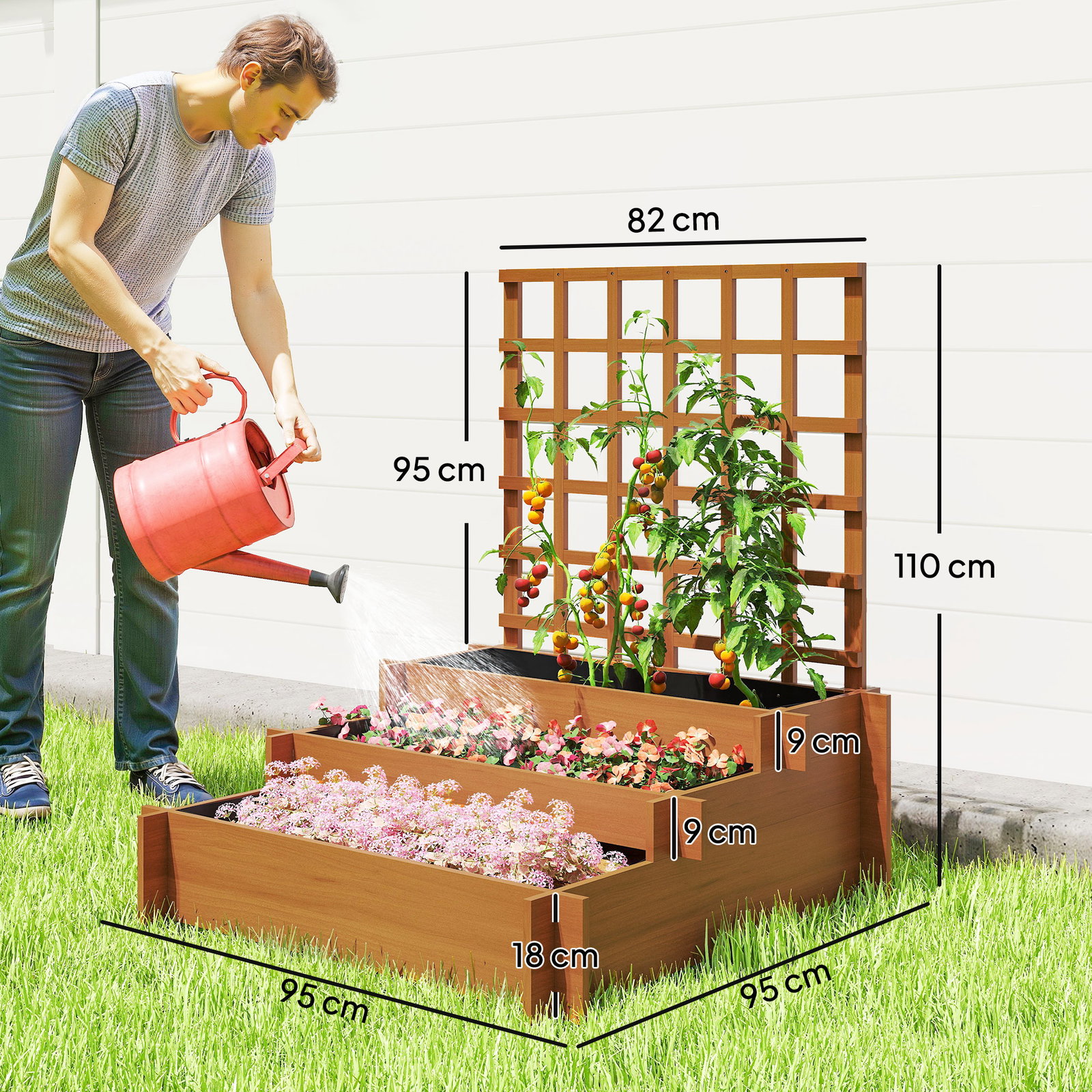 Floreira de 3 níveis com treliça hortal vertical com tecido não tecido para cultivos de verduras flores 95x95x110 cm castanho