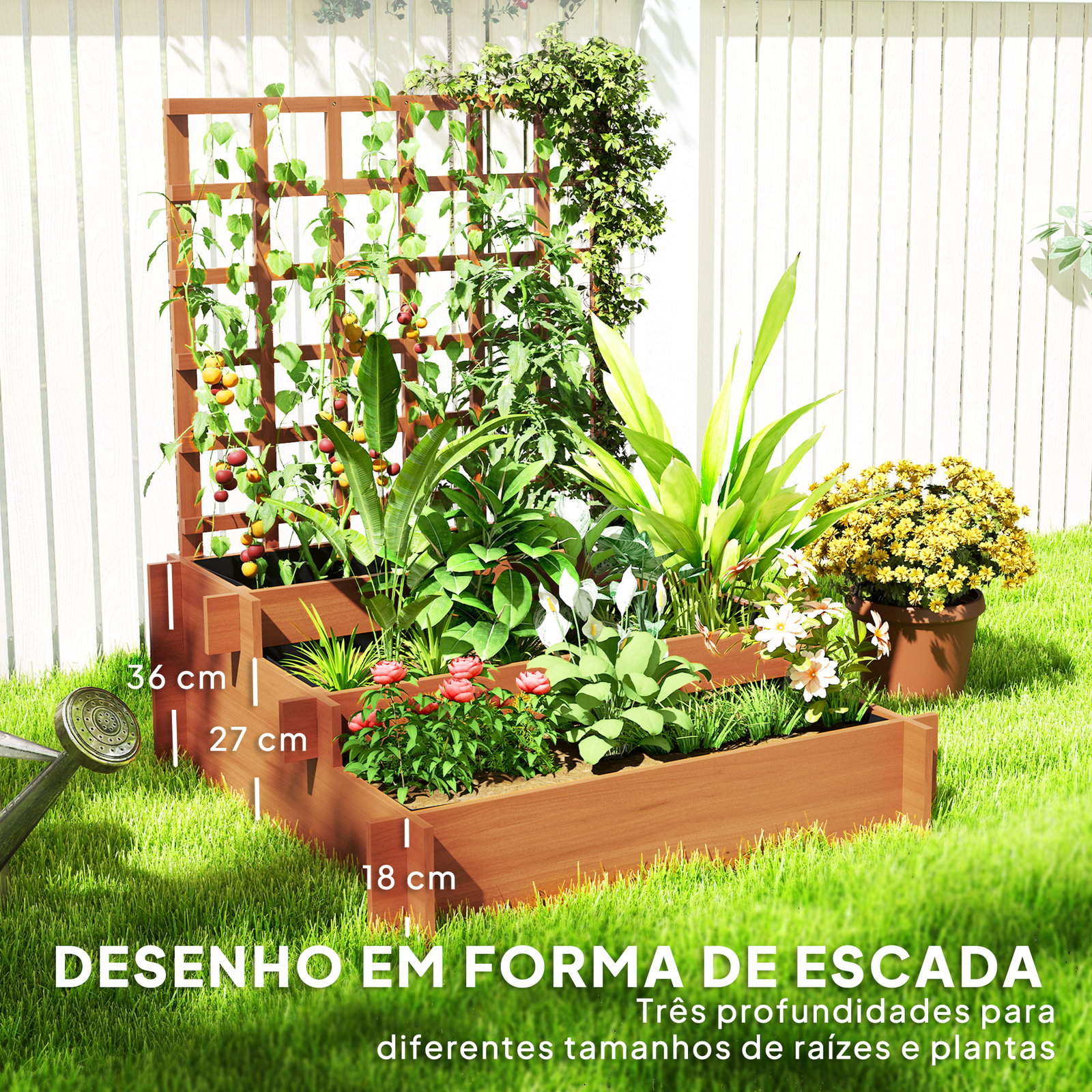 Floreira de 3 níveis com treliça hortal vertical com tecido não tecido para cultivos de verduras flores 95x95x110 cm castanho
