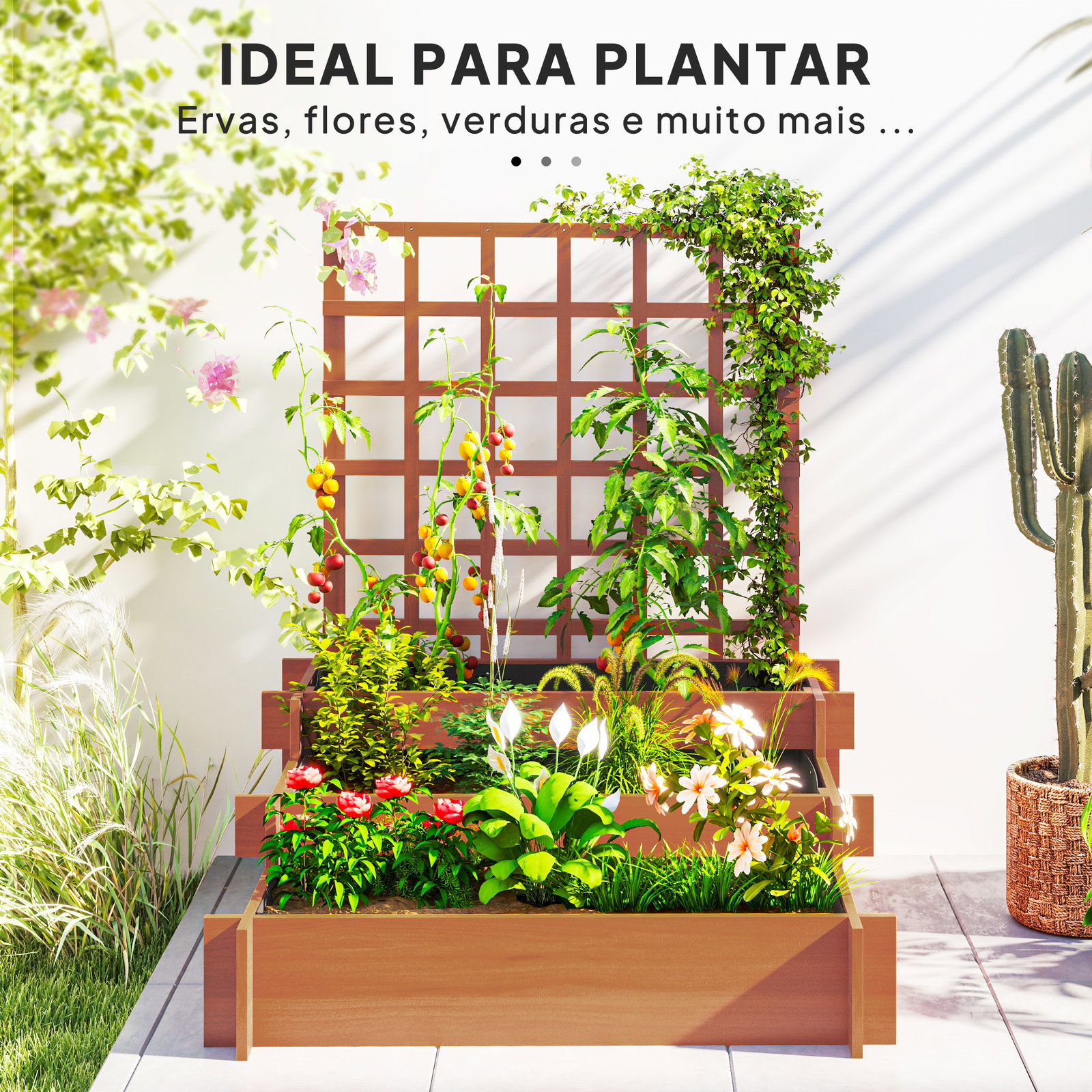 Floreira de 3 níveis com treliça hortal vertical com tecido não tecido para cultivos de verduras flores 95x95x110 cm castanho