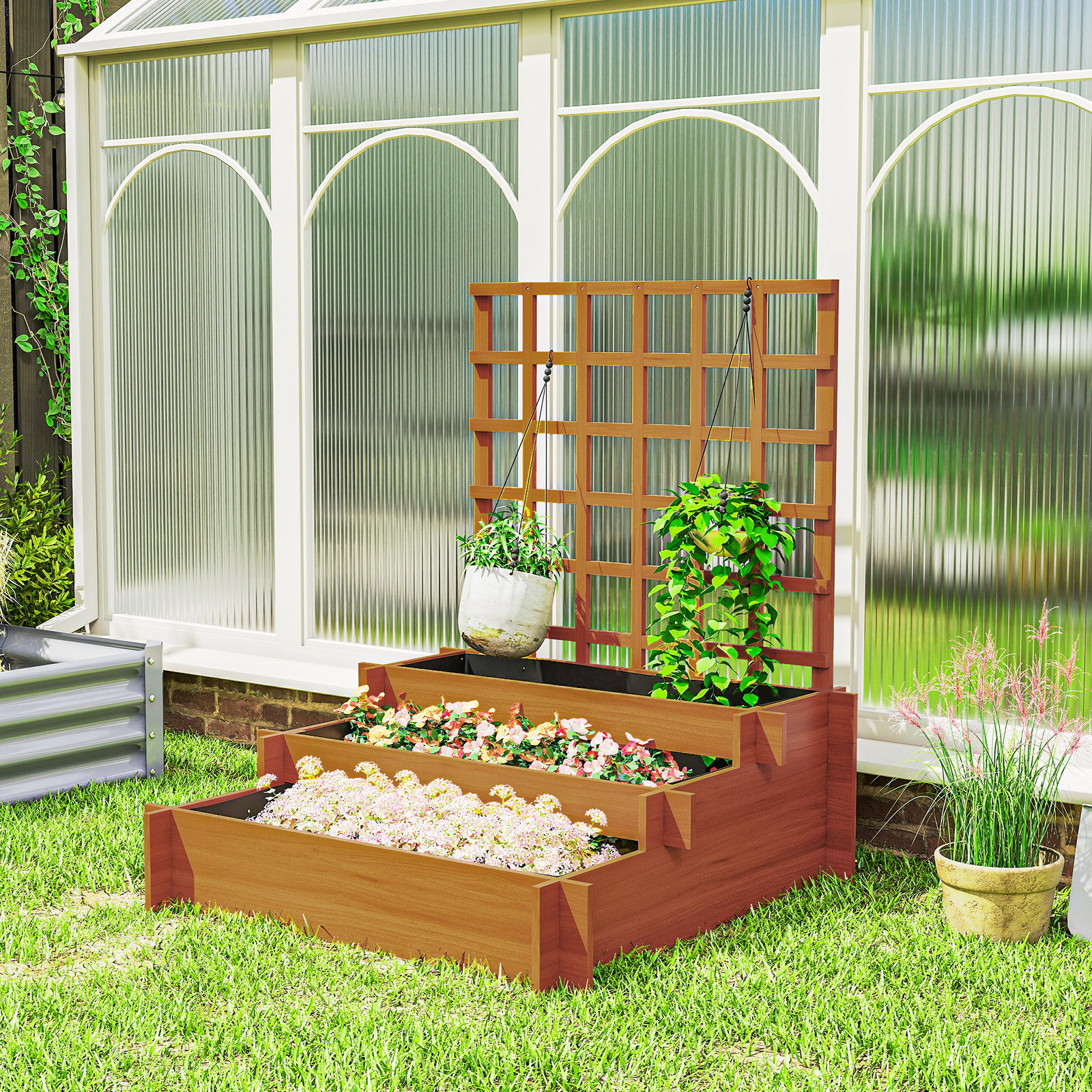 Floreira de 3 níveis com treliça hortal vertical com tecido não tecido para cultivos de verduras flores 95x95x110 cm castanho