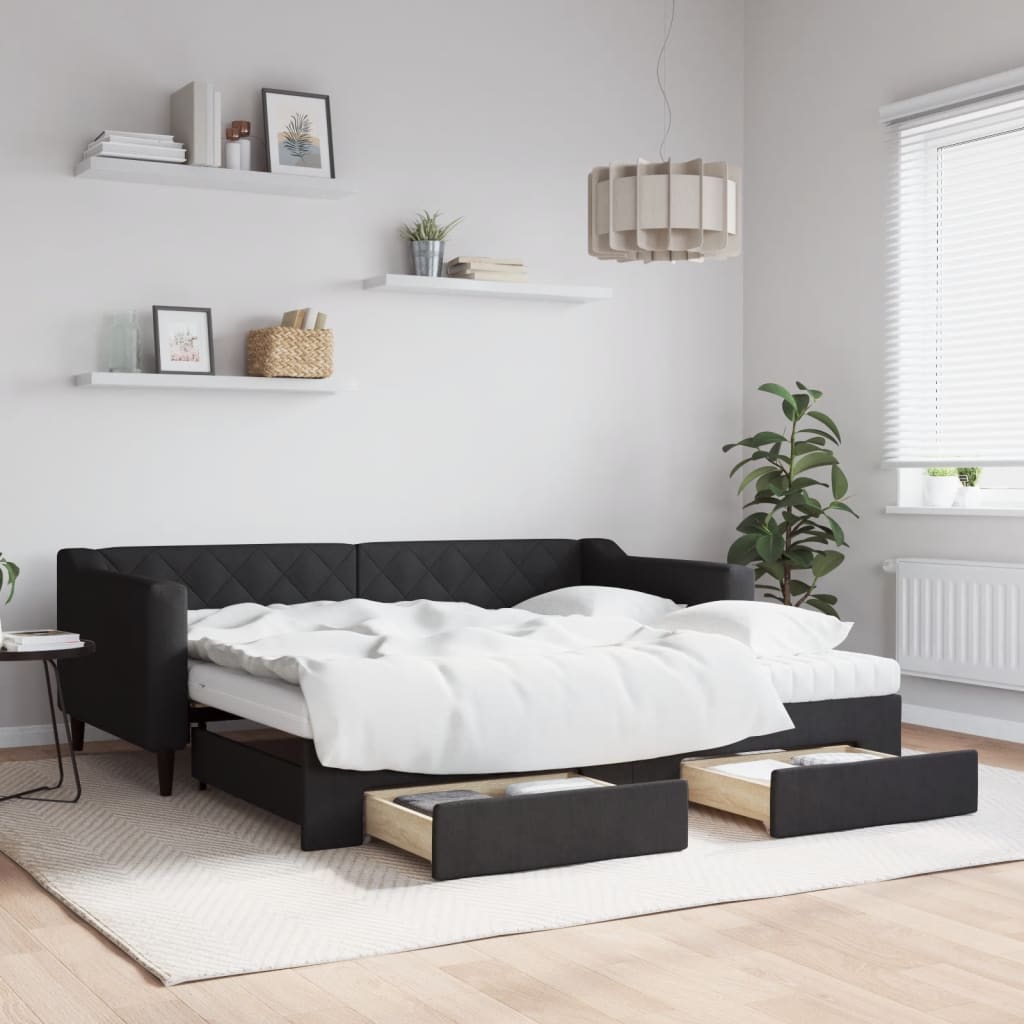 Sofá-cama com gavetão e gavetas 90x190 cm tecido preto