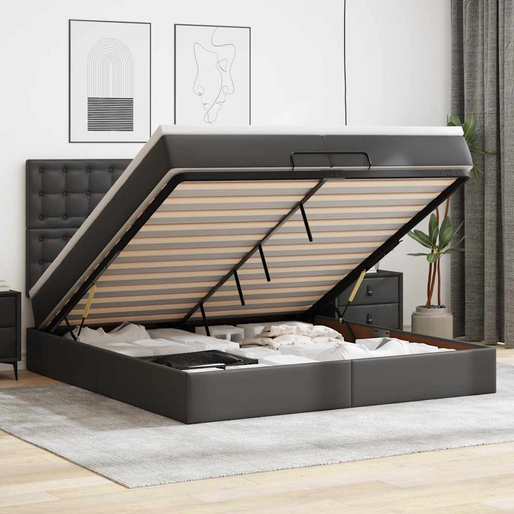 Estrutura de cama otomana com colchões pele artificial preta