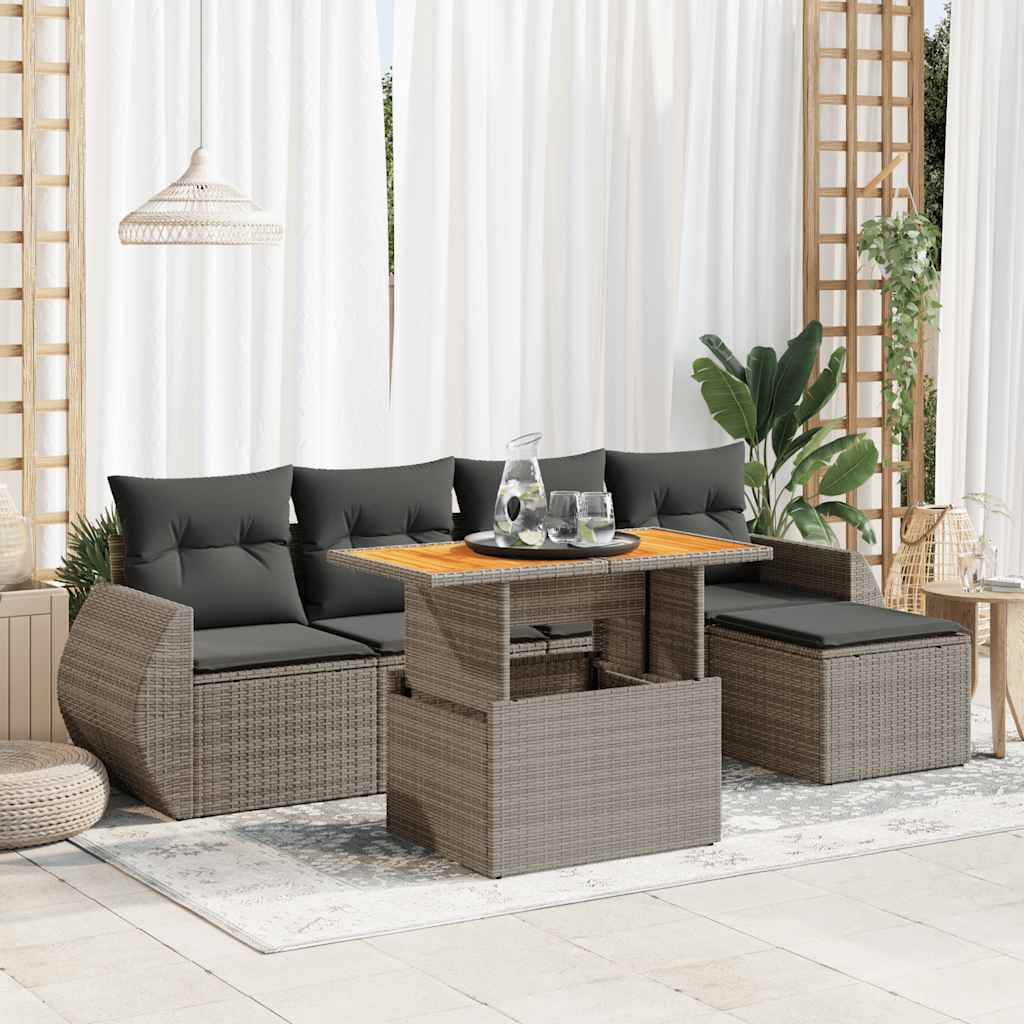 6 Pcs conjunto sofás de jardim com almofadões vime cinzento