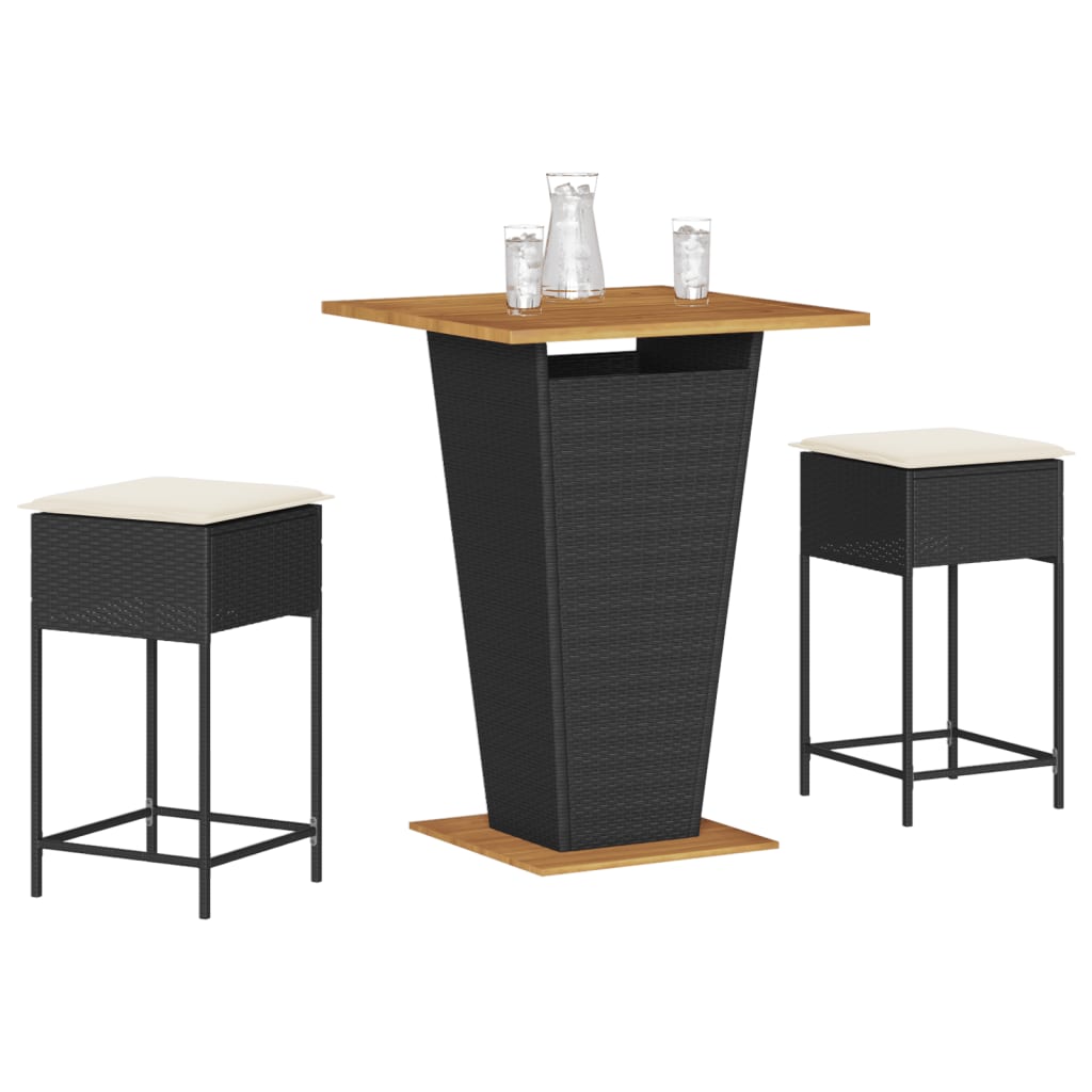 3 Pcs conjunto de bar para jardim c/ almofadões vime PE preto