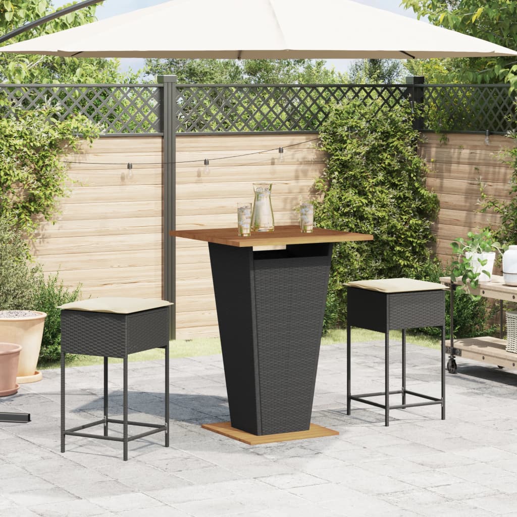 3 Pcs conjunto de bar para jardim c/ almofadões vime PE preto