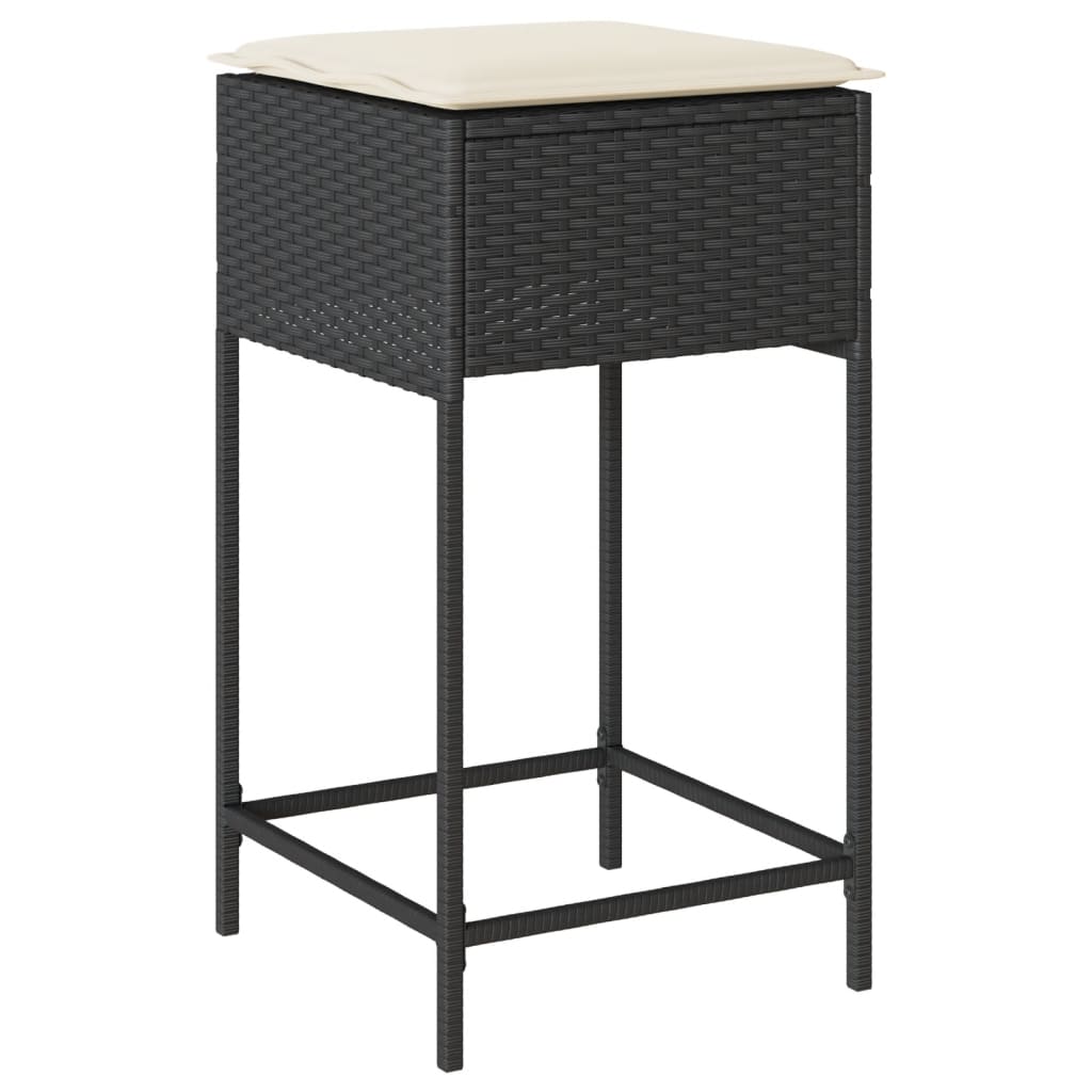 3 Pcs conjunto de bar para jardim c/ almofadões vime PE preto