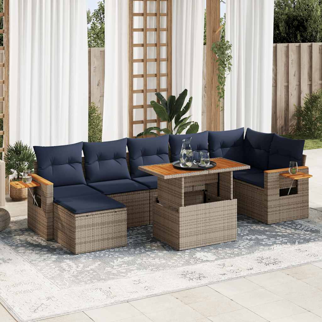 8 Pcs conj. sofás jardim c/ almofadões vime PE/acácia castanho