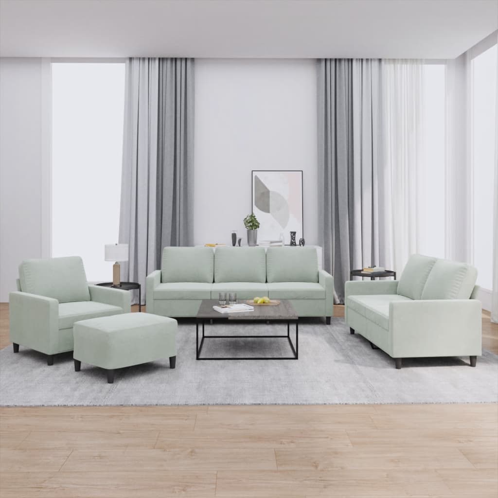 4 Pcs conjunto de sofás com almofadões veludo cinzento-claro