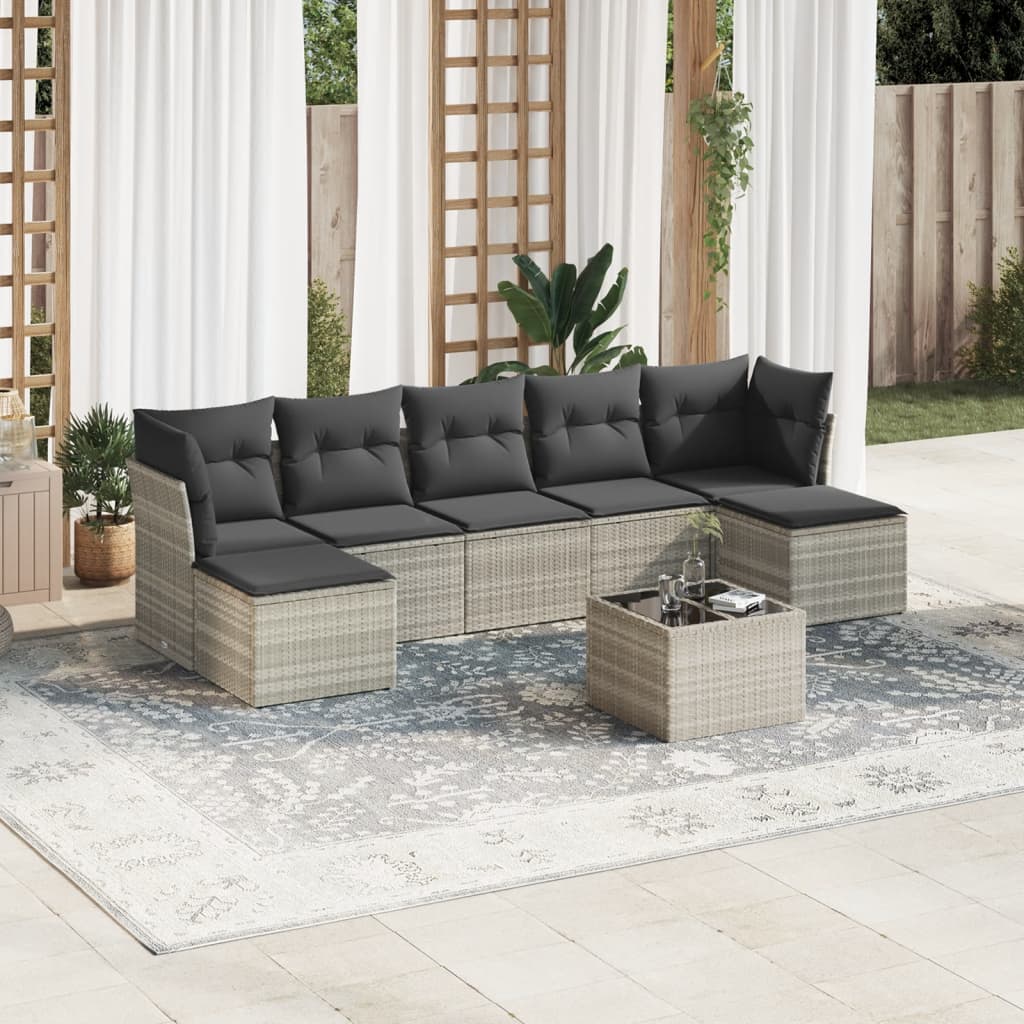 8 Pcs conj. sofás jardim c/ almofadões vime PE cinzento-claro