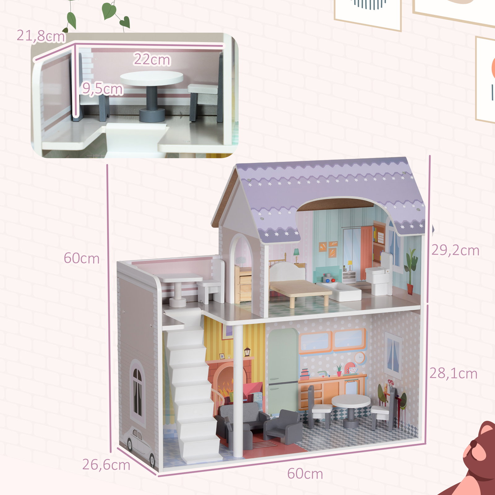 Casa de bonecas com móveis e acessórios casa de bonecas de madeira com varanda e 2 andares 60x26,6x60 cm multicor