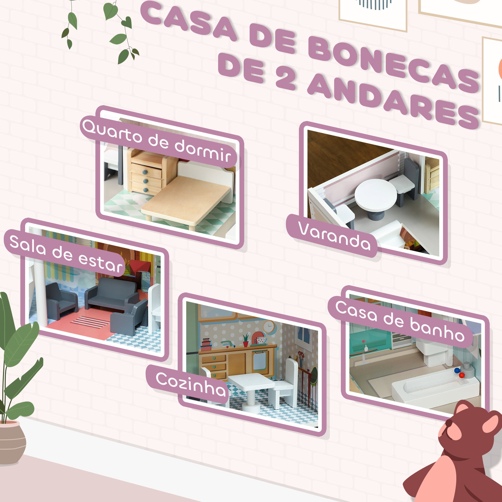 Casa de bonecas com móveis e acessórios casa de bonecas de madeira com varanda e 2 andares 60x26,6x60 cm multicor