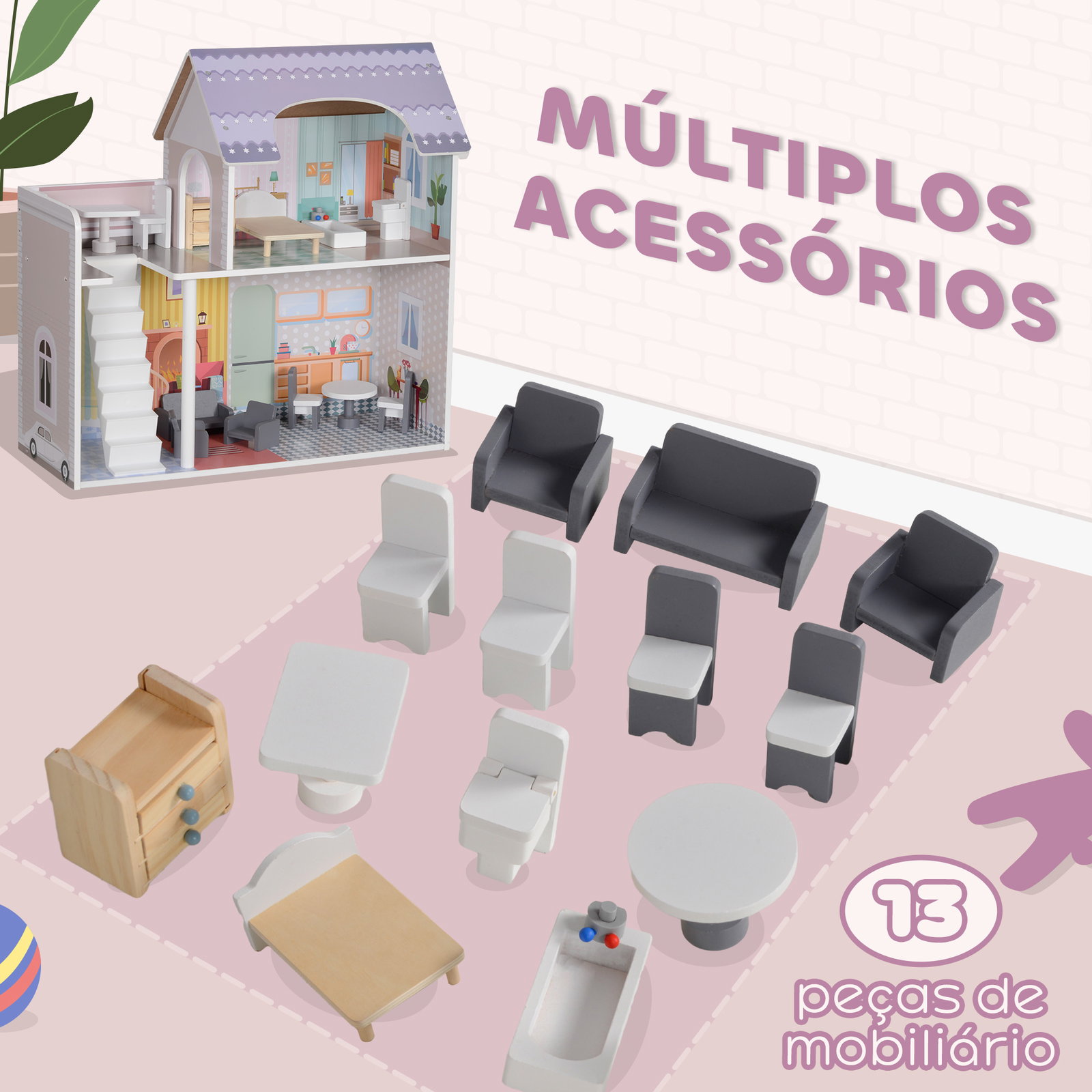 Casa de bonecas com móveis e acessórios casa de bonecas de madeira com varanda e 2 andares 60x26,6x60 cm multicor