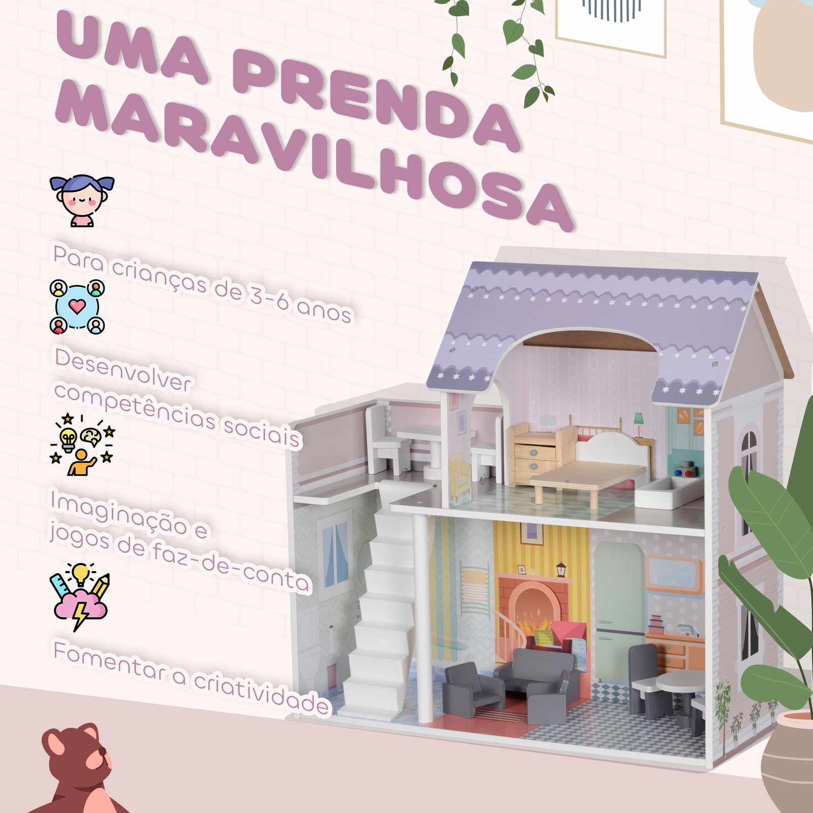 Casa de bonecas com móveis e acessórios casa de bonecas de madeira com varanda e 2 andares 60x26,6x60 cm multicor