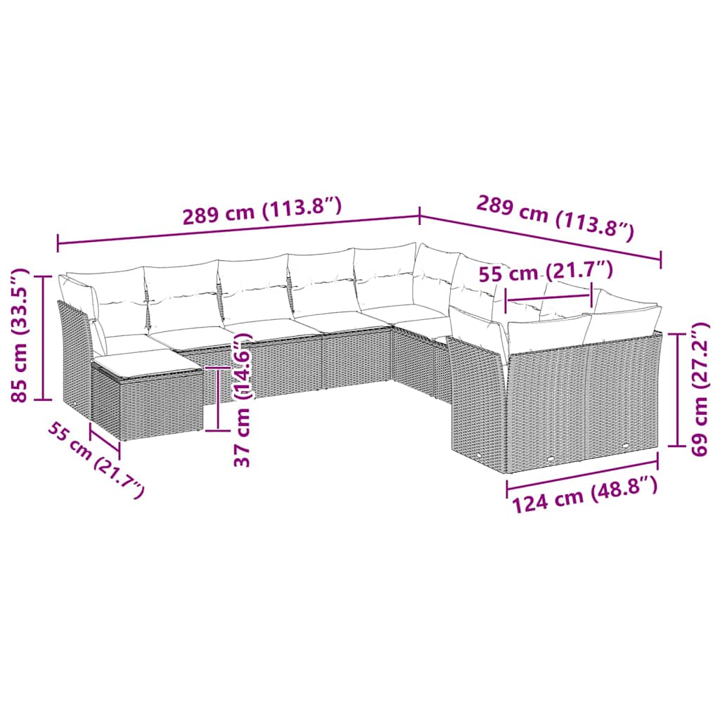 11 Pcs conjunto sofás de jardim c/ almofadões vime PE cinzento
