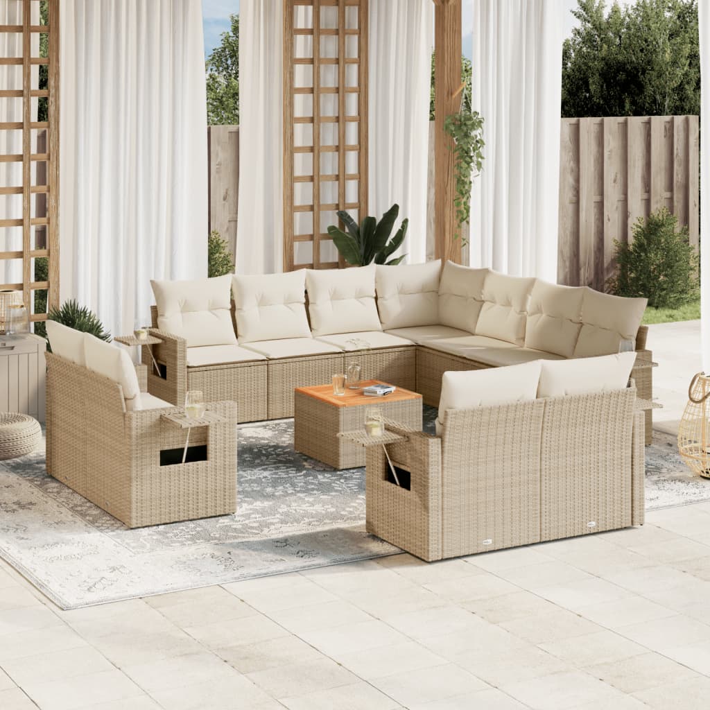 12 Pcs conjunto de sofás p/ jardim com almofadões vime PE bege