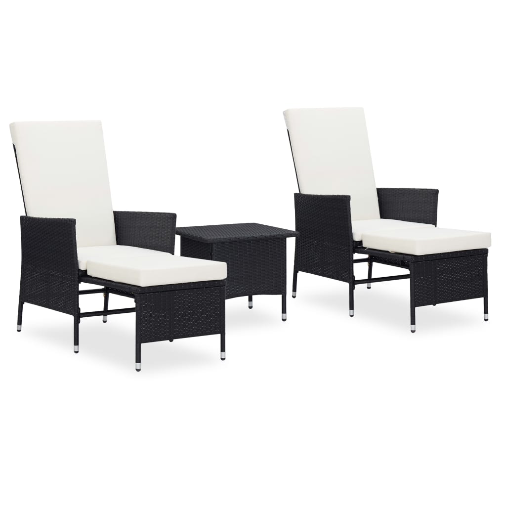 3 Pcs conjunto lounge para jardim c/ almofadões vime PE preto