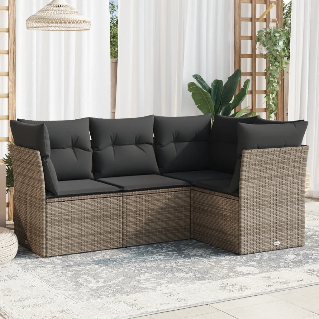 4 Pcs conjunto sofás de jardim c/ almofadões vime PE cinzento