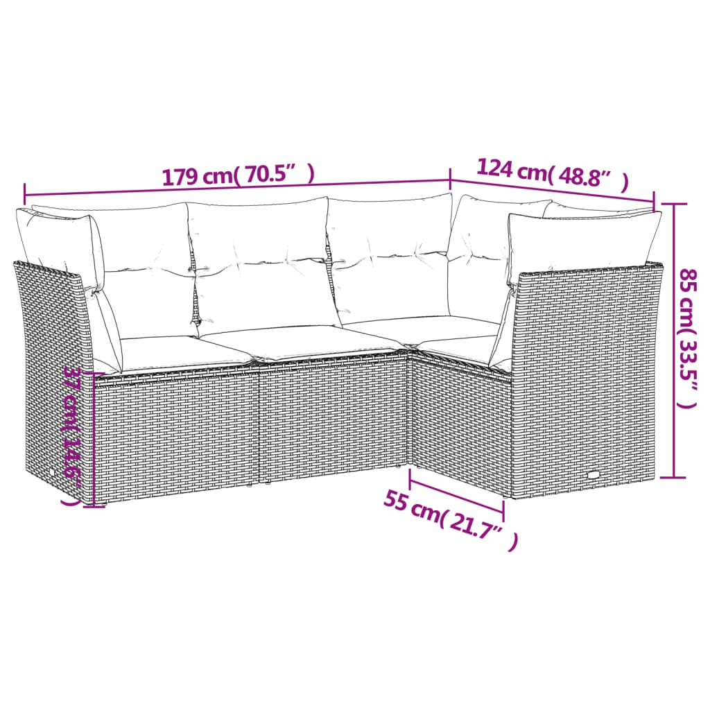 4 Pcs conjunto sofás de jardim c/ almofadões vime PE cinzento