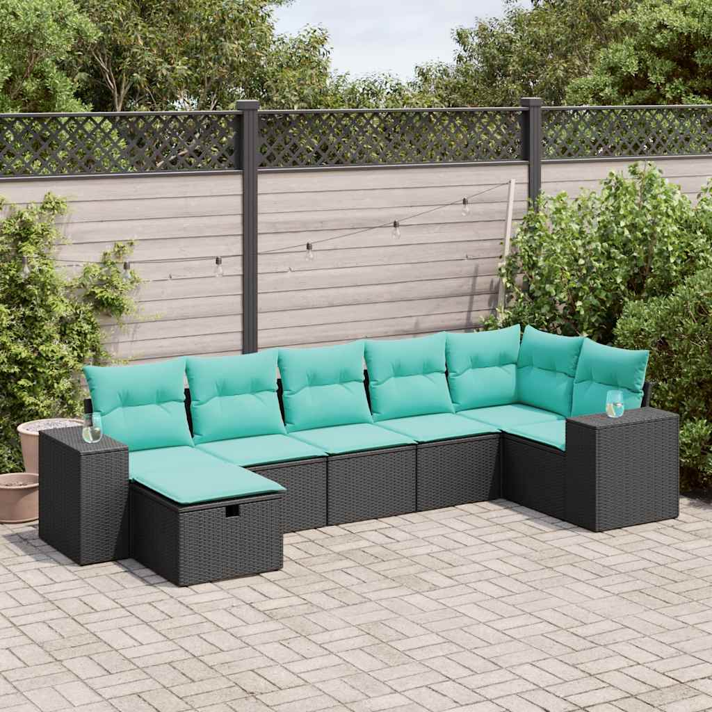7 Pcs conjunto de sofás p/ jardim c/ almofadões vime PE preto