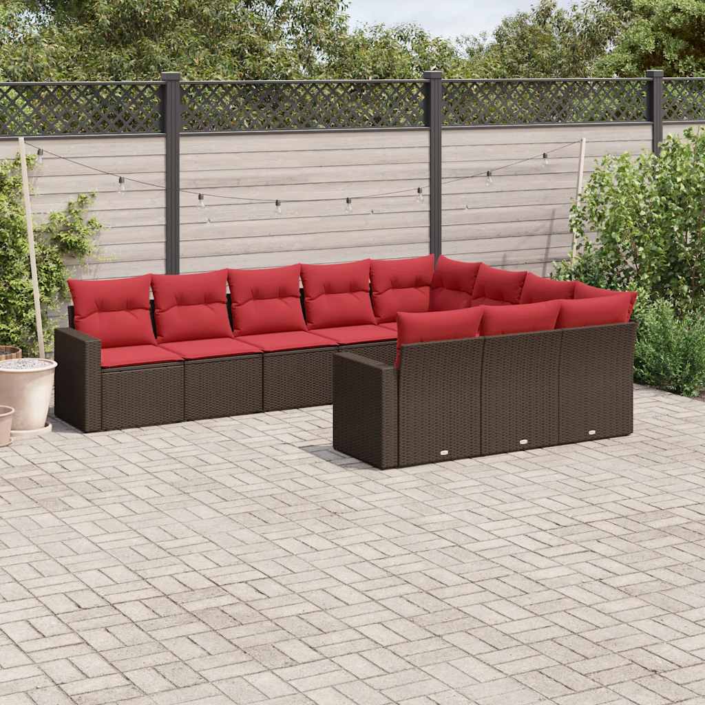 10 Pcs conj. sofás jardim com almofadões vime PE castanho