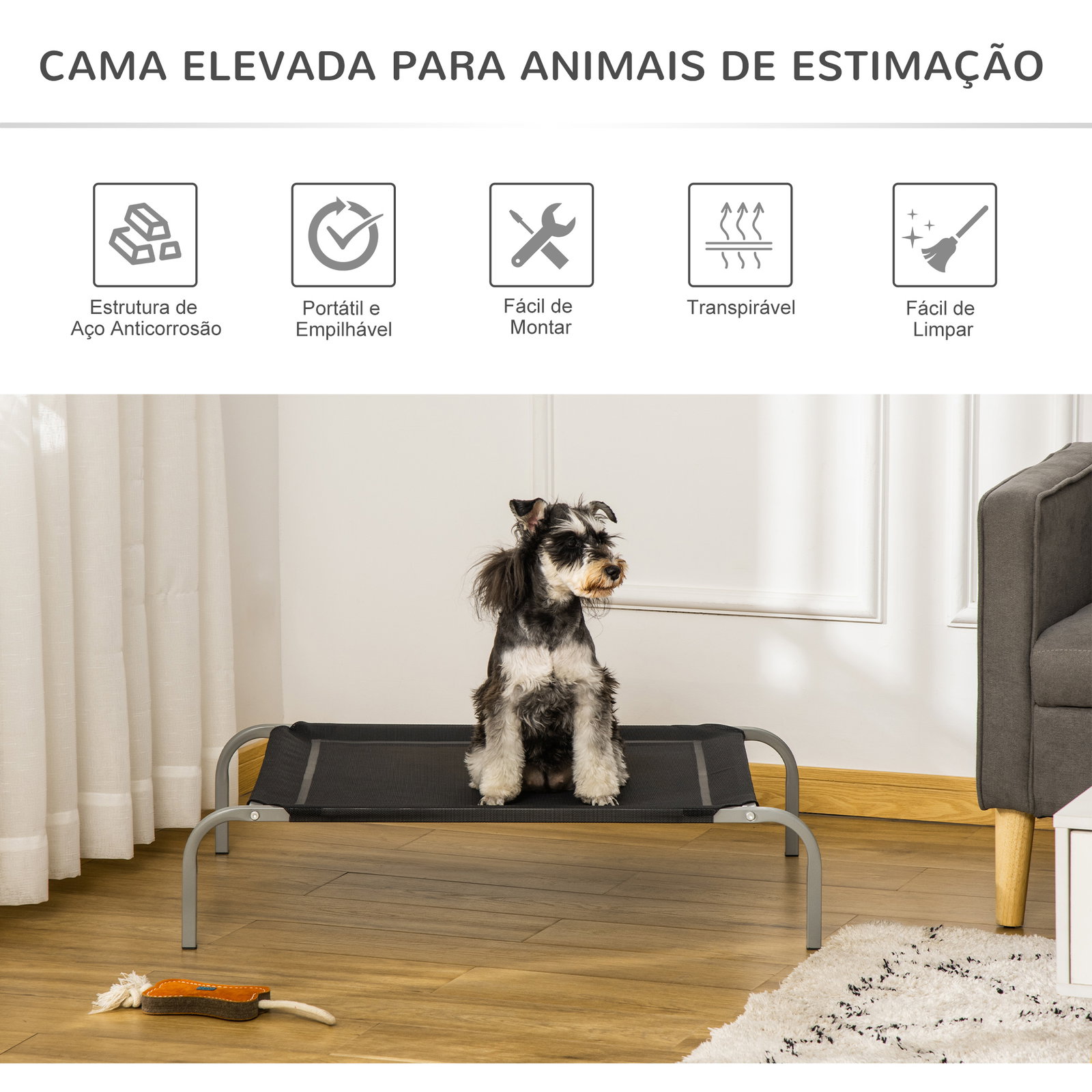 Cama Elevada para Animais de Estimação Cama para Cães e Gatos Desmontável Tecido Textilene Exterior Jardim Terraço 90x65x20cm Pr