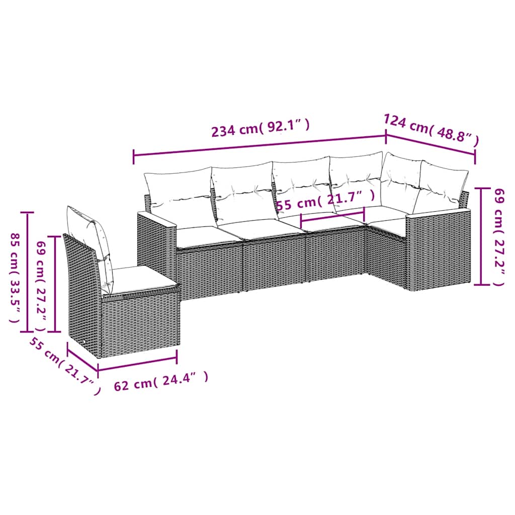 6 Pcs conjunto sofás de jardim c/ almofadões vime PE preto