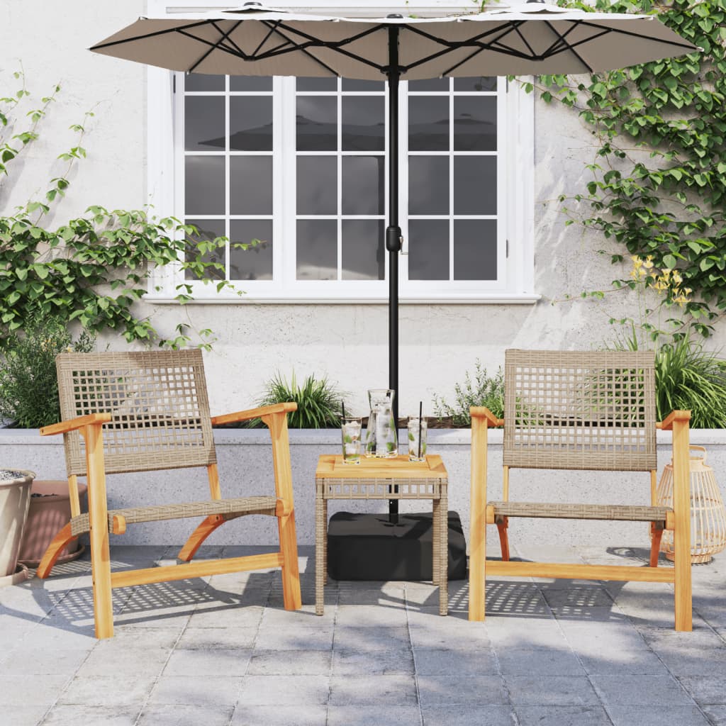 3 Pcs conjunto de bistrô vime PE/madeira de acácia maciça bege