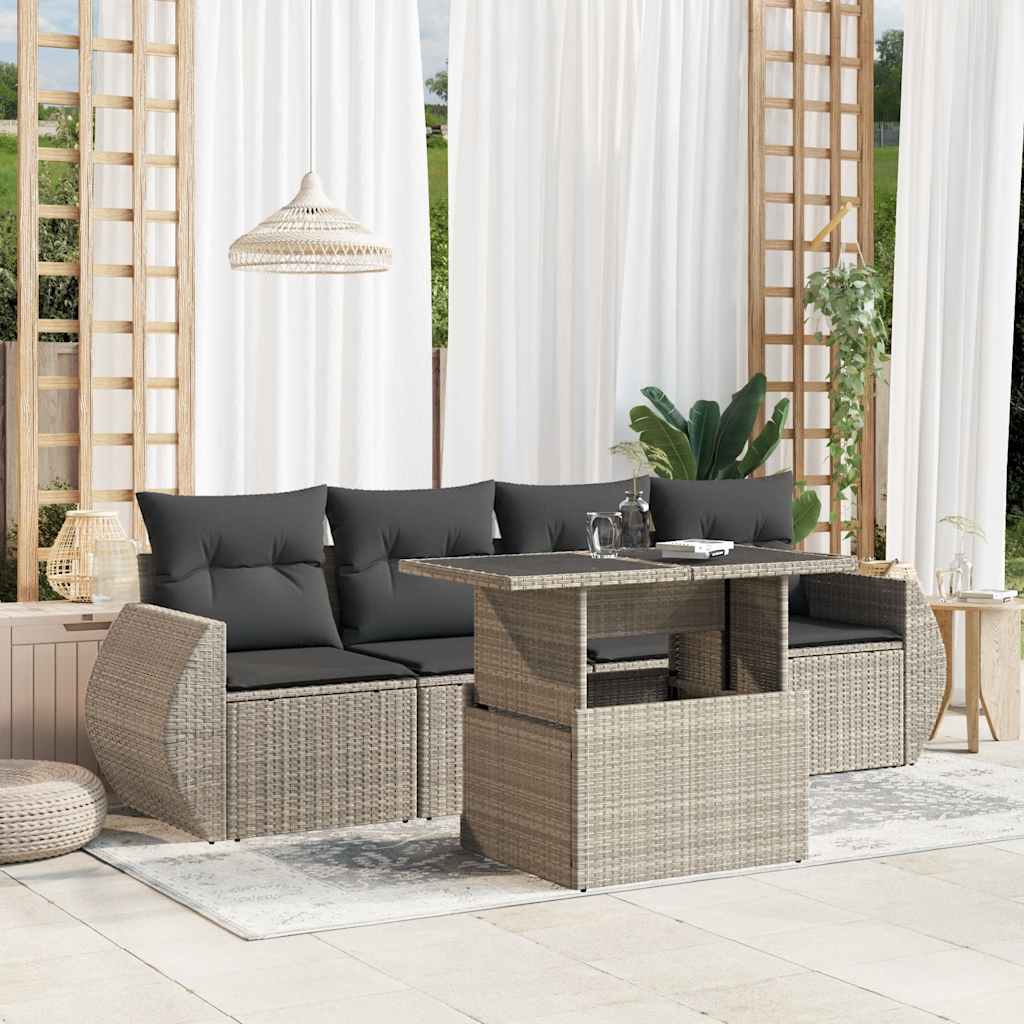 5 Pcs conj. sofás jardim c/ almofadões vime PE cinzento-claro