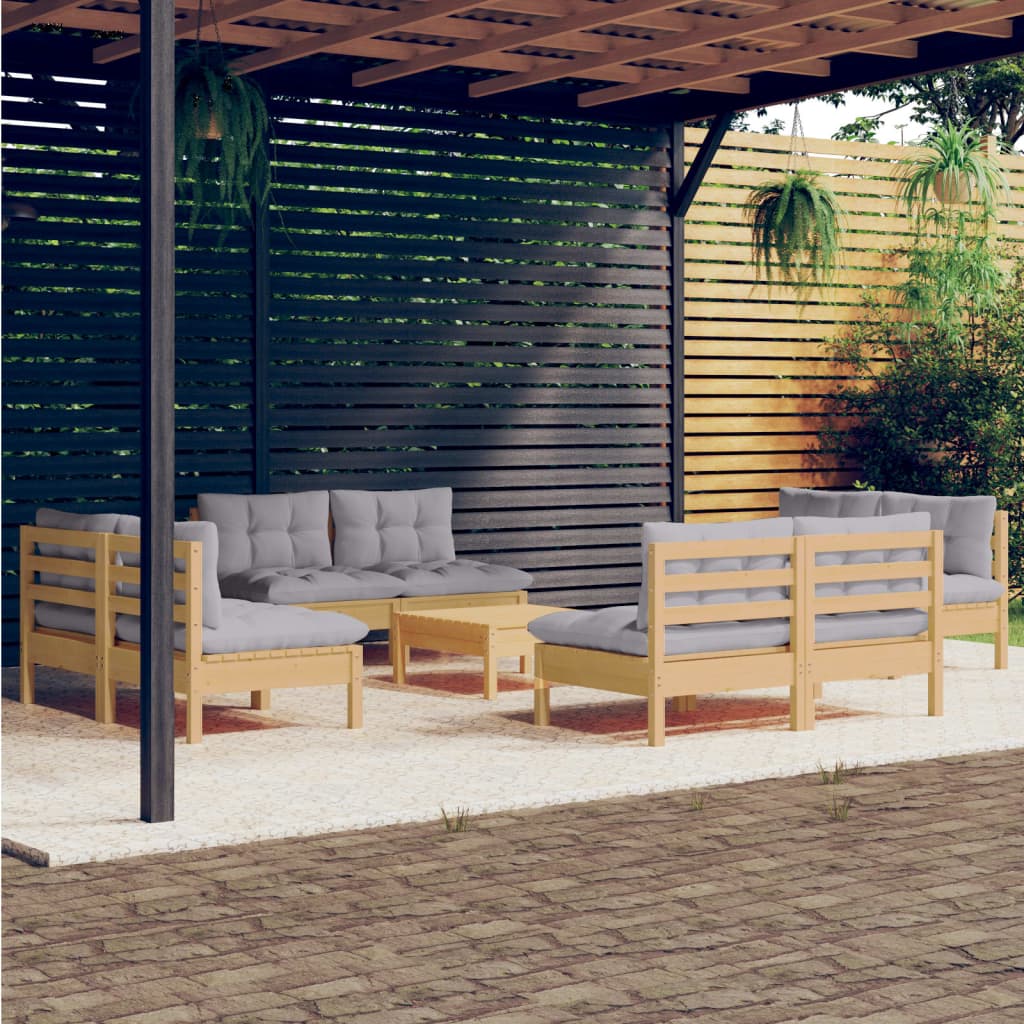 9 Pcs conjunto lounge de jardim c/ almofadões cinzentos pinho