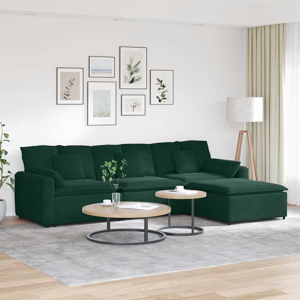 Sofá modular com pufes e almofadas verde-escuro