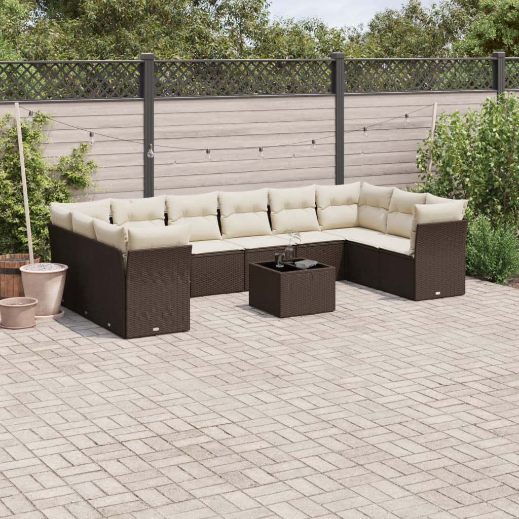 11 Pcs conjunto sofás de jardim c/ almofadões vime PE castanho