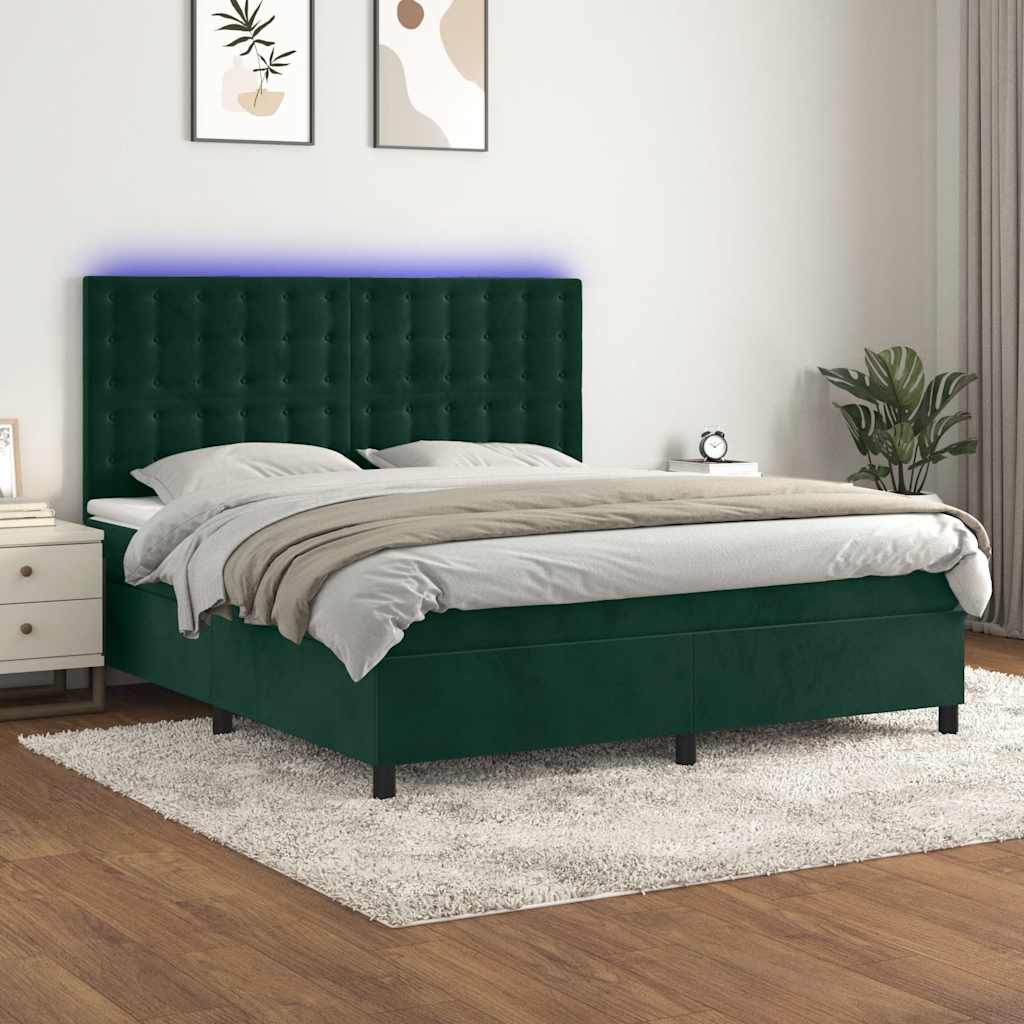 Cama box spring c/ colchão/LED 160x200 cm veludo verde-escuro