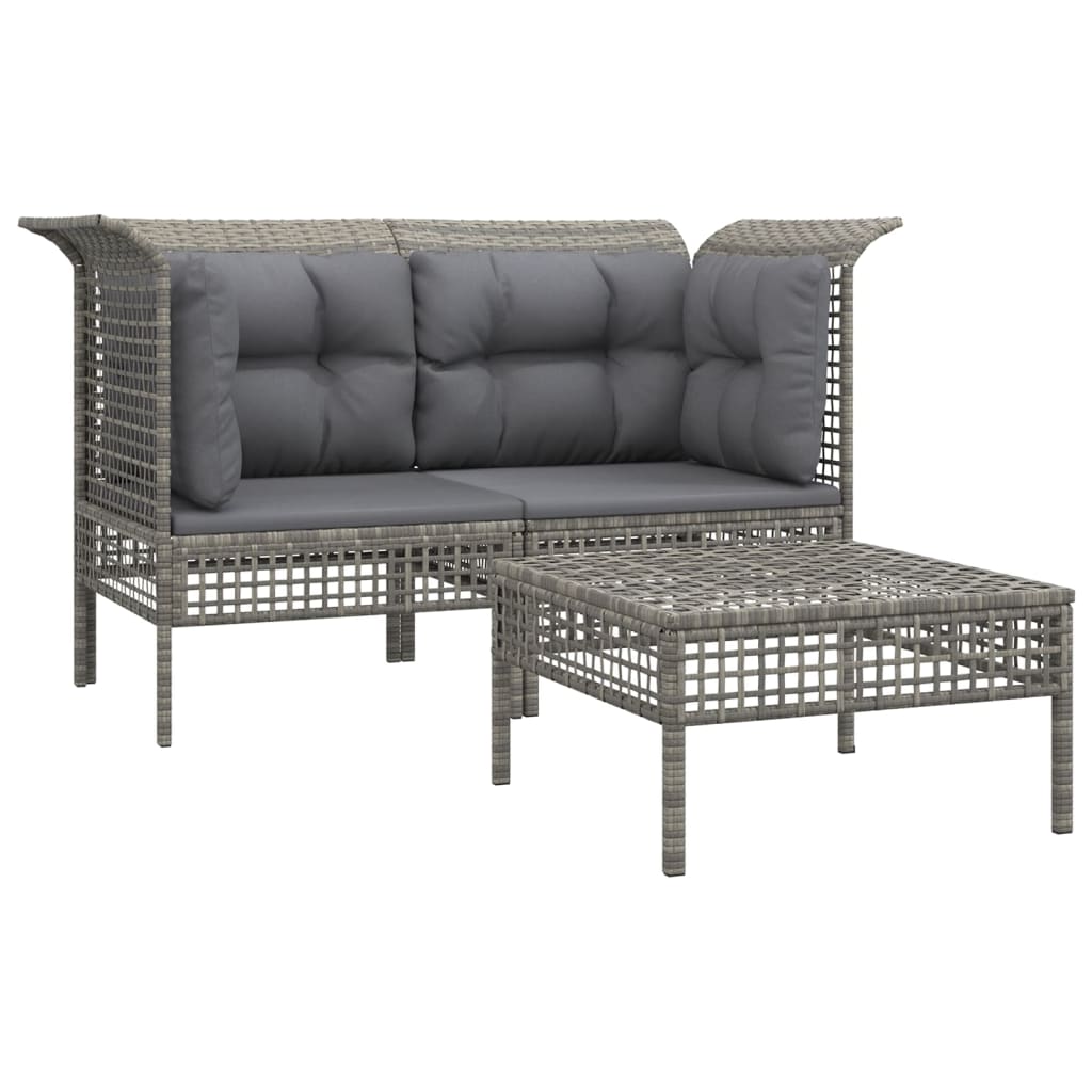 3 Pcs conjunto lounge de jardim c/ almofadões vime PE cinzento