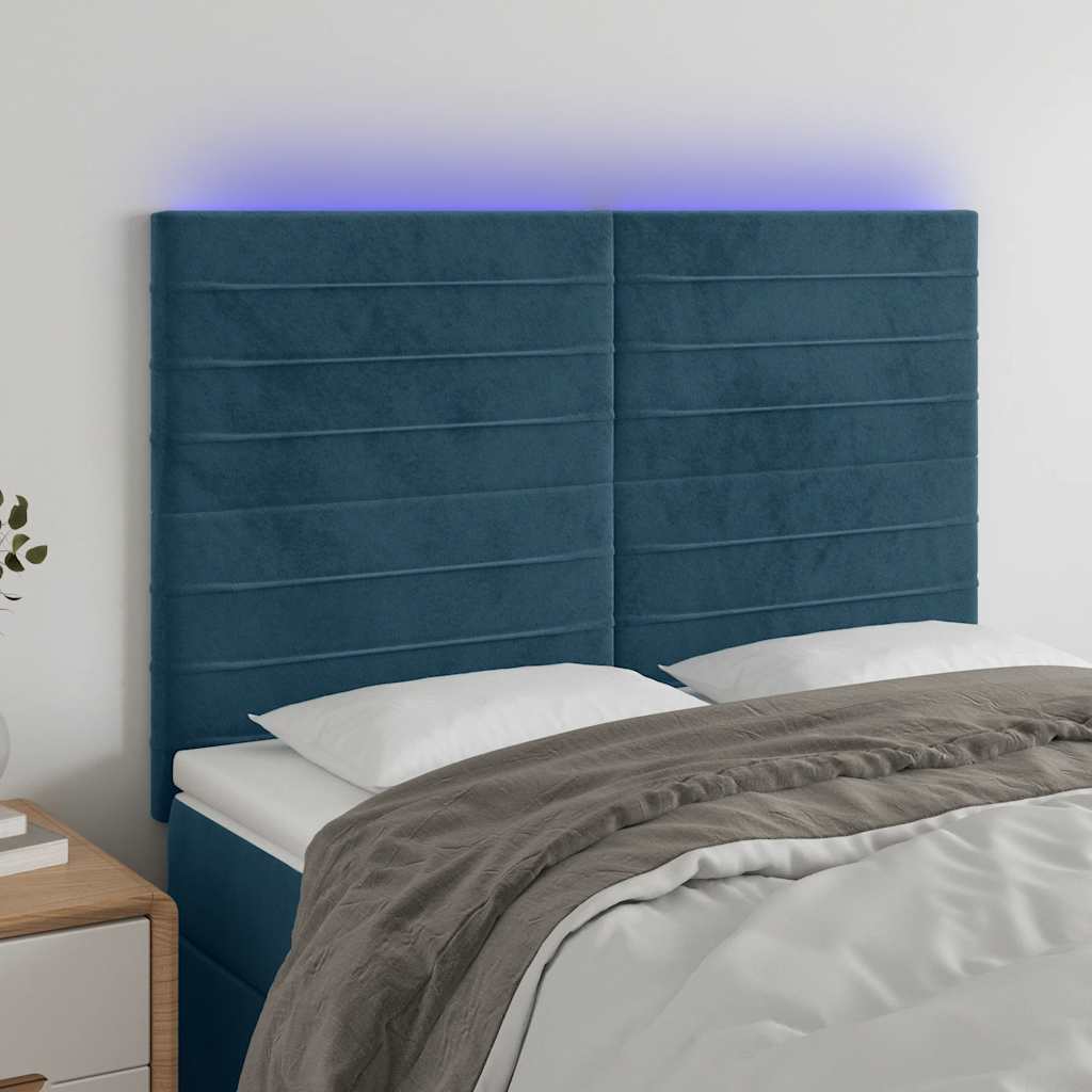 Cabeceira cama c/ luzes LED veludo 144x5x118/128cm azul-escuro