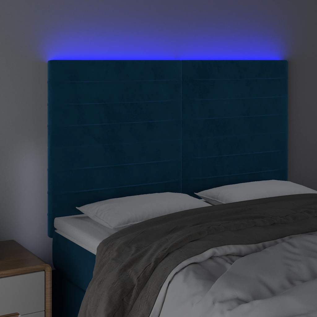 Cabeceira cama c/ luzes LED veludo 144x5x118/128cm azul-escuro