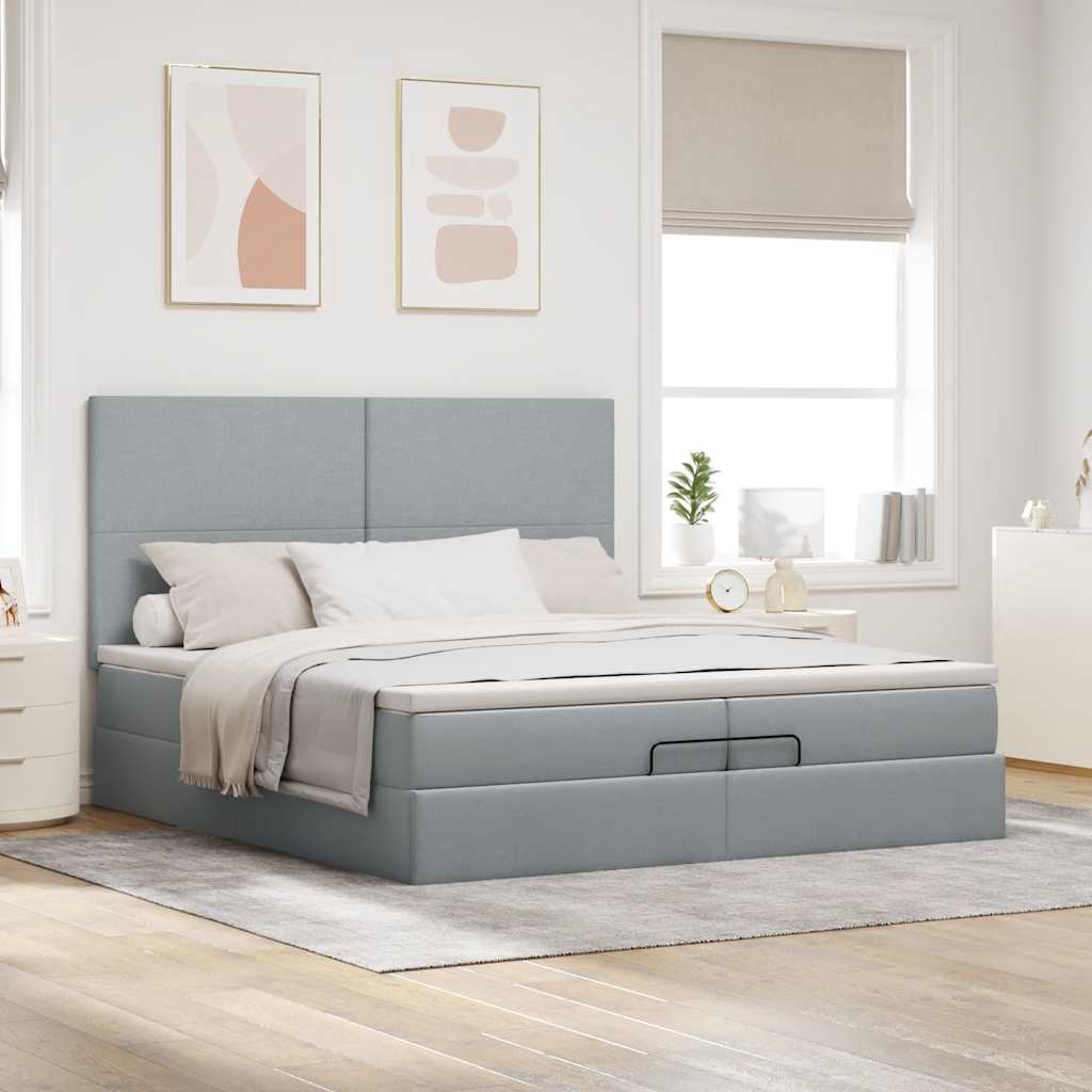 Estrutura de cama otomana com colchões tecido cinzento claro