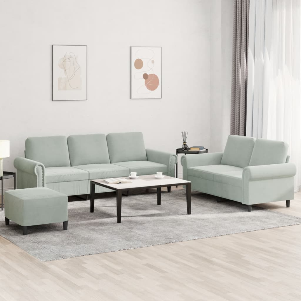 3 Pcs conjunto de sofás com almofadões veludo cinzento-claro