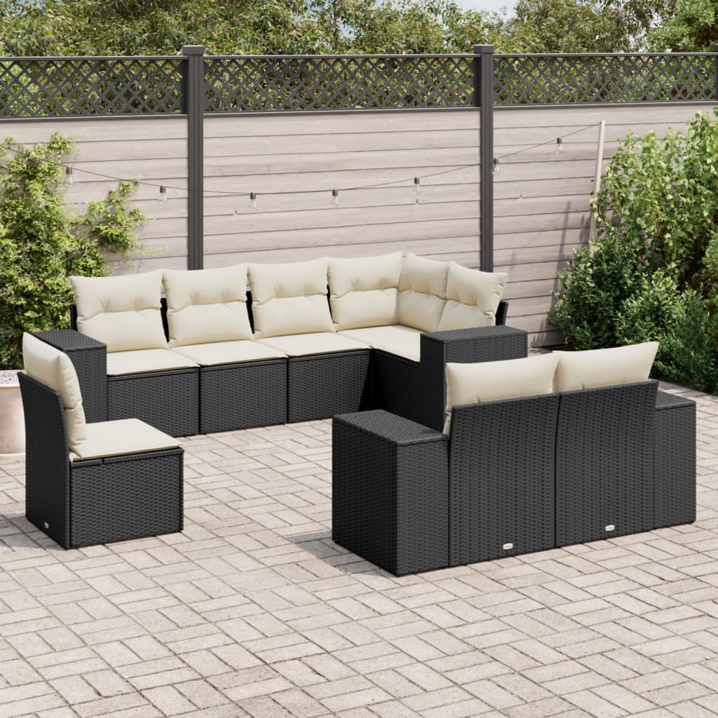 8 Pcs conjunto sofás de jardim com almofadões vime PE preto