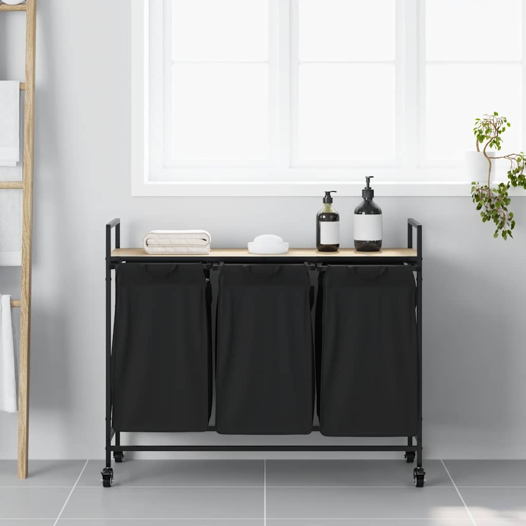 Cesto de roupa suja com 3 compartimentos e rodas, cor carvalho sonoma