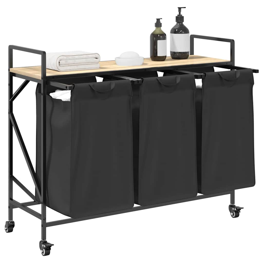 Cesto de roupa suja com 3 compartimentos e rodas, cor carvalho sonoma
