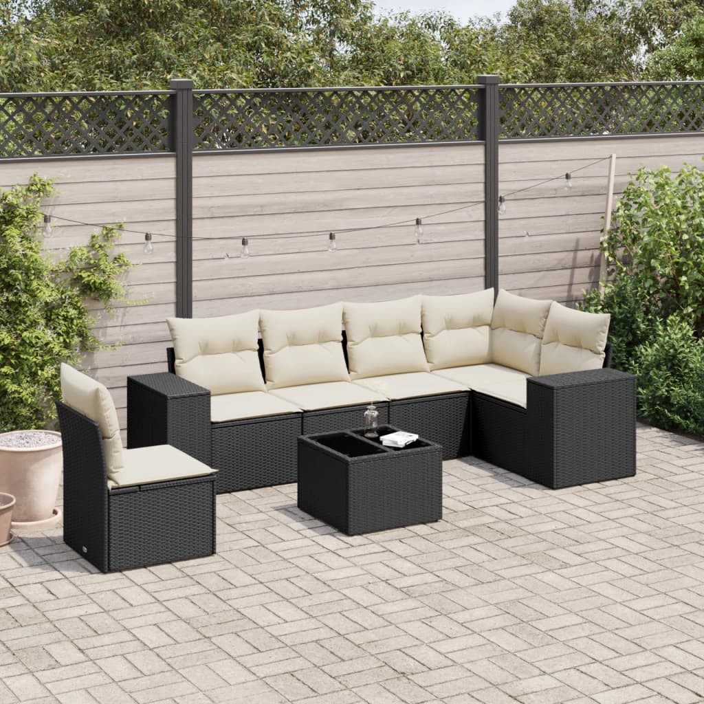 7 Pcs conjunto de sofás p/ jardim c/ almofadões vime PE preto